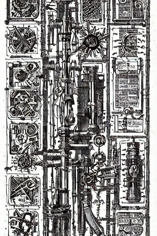 Image similar to warhammmer 4 0 k page of an adepticus mechanicus book on lost technology, page 2 3 : incantation and sigil, gothic industrial diagram, academic art. intricate