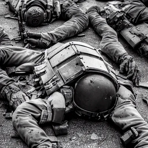 Prompt: Dramatic photo of a dying British mercenary wearing grey modern body armor holding a grenade while surrounded by corpses, photo by Adam Ferguson, Pulitzer Winning, cinematic composition, breathtaking, modern, 2022