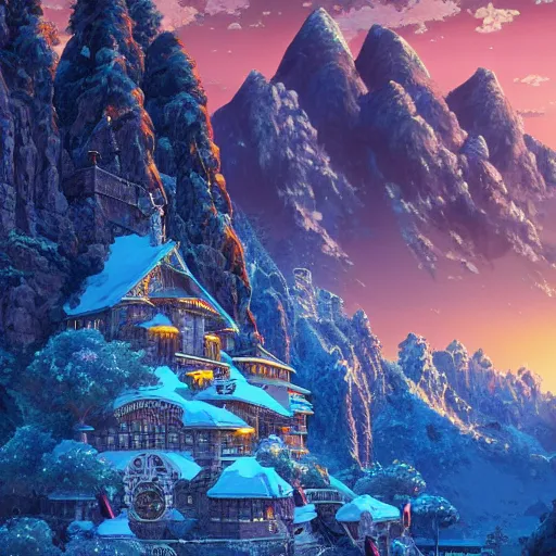 Image similar to the aesthetic view of the beautiful, grand, wistful, dreamy snowcapped mountain at dusk, hyperrealistic anime illustration by iralki nadar, colorful, extremely detailed, intricate linework, super sharp focus, bright colors, octopath traveler, studio ghibli, unreal engine 5 highly rendered, global illumination, radiant light, detailed and intricate environment