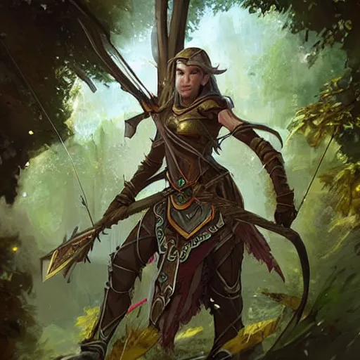 Prompt: elven Archer wearing an armor made of leaves, epic fantasy digital art, fantasy style art, by Greg Rutkowski, fantasy hearthstone card art style