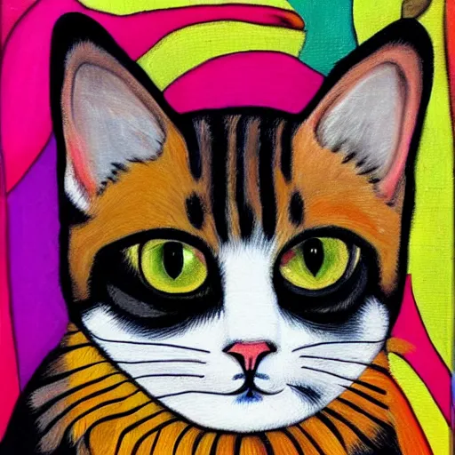 Image similar to a cat, painted in the style of frida kahlo