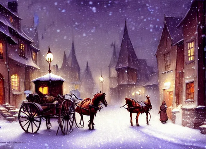 Image similar to a night scene of a snowy town with a horse drawn carriage, a detailed matte painting by anton pieck, deviantart contest winner, fantasy art, concept art, official art, matte drawing