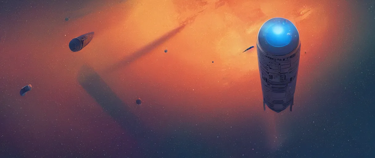 Image similar to illustration, a single small spaceship, deep space exploration, alone, the expanse tv series,industrial design, painted hull, hyperdetailed, the immensity of space, cinematic lighting, 4k, greebles, widescreen,  wide angle, sharp and blocky shapes, hubble photography, the final frontier, beksinski, neon lights