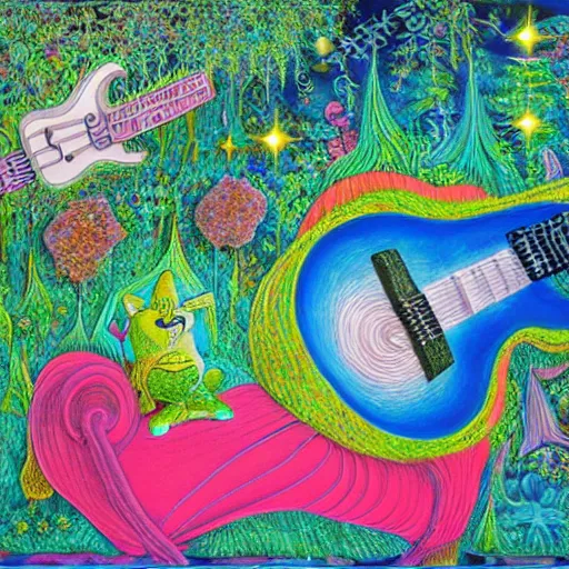 Image similar to psychedelic couch sofa in the lush forest, guitar, milky way, designed by moebius, rob gonsalves, gustav dore, giuseppe arcimboldo and carl barks, louis wain, trending on artstation, canada, star, sharp focus, colorful refracted sparkles and lines, soft light, 8 k 4 k