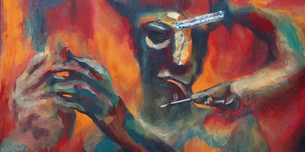 Image similar to abstract painting of a man removing a nail from his third eye