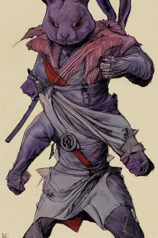 Prompt: awesome rabbit dressed as a ninja. concept art by James Gurney and Mœbius.