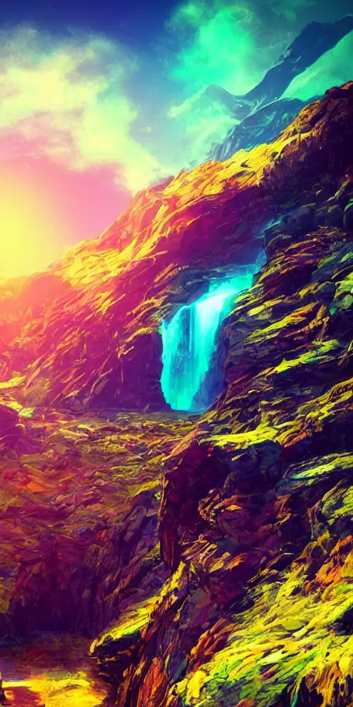 Image similar to a beautiful neon alien landscape, mountains, neon waterfalls