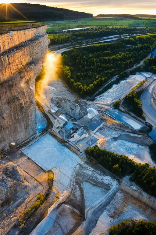 Image similar to a waterfilled limestone quarry, beautiful golden hour light, cinematic, oland in sweden, south of sweden