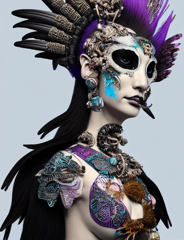 Image similar to 3 d goddess close - up profile portrait punk with mohawk with ram skull. beautiful intricately detailed japanese crow kitsune mask and clasical japanese kimono. betta fish, jellyfish phoenix, bio luminescent, plasma, ice, water, wind, creature, artwork by tooth wu and wlop and beeple and greg rutkowski