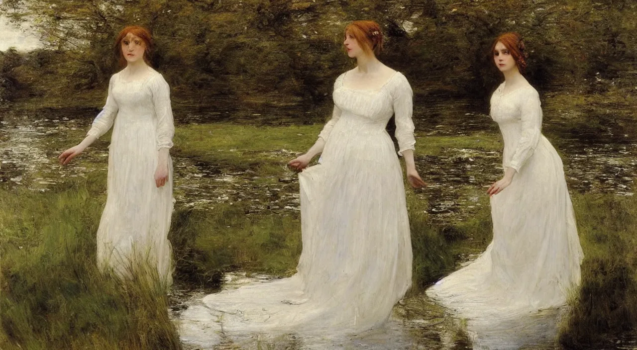 Image similar to portrait of a woman in a white dress in a lake, Ophelia , painted by John Everett Millais, full length photo.