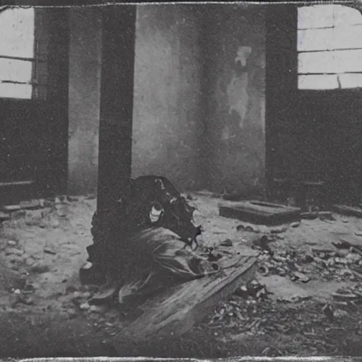 Image similar to 1860 photo of an ancient daemon-girl devouring his own soul on an abandoned hospital, spooky