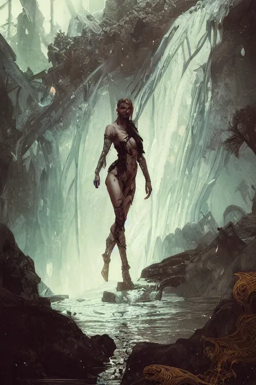 Image similar to a full body portrait of a beautiful post apocalyptic offworld nordic necromancer swimming by the waterfalls, intricate, elegant, highly detailed, digital painting, artstation, concept art, smooth, sharp focus, illustration, art by krenz cushart and artem demura and alphonse mucha