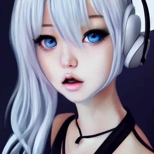 Image similar to realistic teasing detailed semirealism beautiful gorgeous cute Blackpink Lalisa Manoban white hair white cat ears blue eyes, wearing black camisole outfit, headphones, black leather choker full HD 4K high resolution quality WLOP, Aztodio, Taejune Kim, Guweiz, Pixiv, Instagram, Artstation