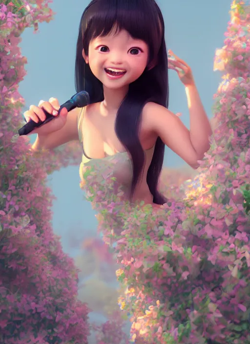 Image similar to a cute asian girl singing, flowing hair in the style of pixar animation, full body shot, viewed from bellow, award winning, hyper detailed, studio lighting, artstation, octane renderer, unreal engine