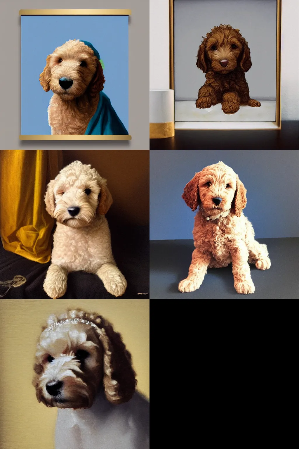 Prompt: mini goldendoodle puppy, in the style of girl with a pearl earring, painting, hyperrealistic, ambient lighting