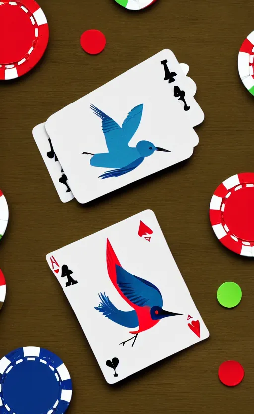 Prompt: poker card style, simple, modern look, solid colors, colorful, japanese crane bird in center, pines symbol in the corners, vivid contrasts, for junior, logo design