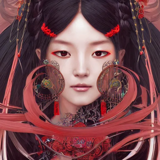 Image similar to a beautiful portrait of hatsune miku with long black and deep red colored hair dressed as a ancient chinese sorceress, intricate, elegant, highly detailed, digital painting, artstation, concept art, matte, sharp focus, illustration, art by greg rutkowski and alphonse mucha