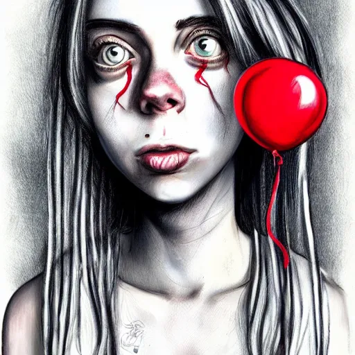 Prompt: surrealism grunge cartoon portrait sketch of billie eilish with a wide smile and a red balloon by - michael karcz, loony toons style, rick and morty style style, horror theme, detailed, elegant, intricate