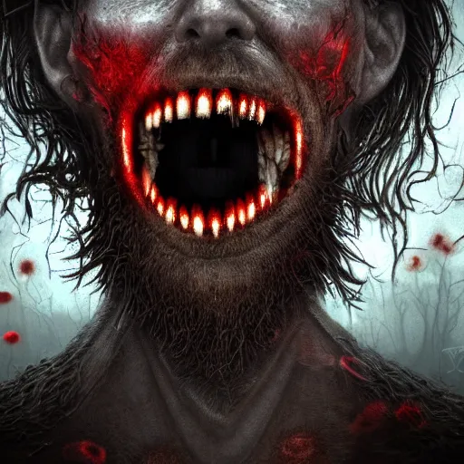 Prompt: A realistic detailed photo of a creepy man, red eyes, dead trees, detailed body, teeth filled with cavities, foggy landscape, creepy, light particles, detailed light, realistic shaders, trending on artisation, detailed textures, detailed, realistic.