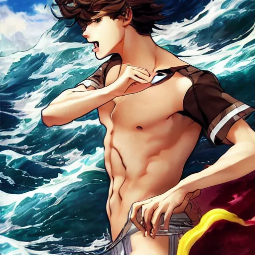 Prompt: epic battle brown haired boy summons a huge wave of water. detailed. masterpiece. dramatic. rule of thirds. jc leyendecker. repin. shigenori soejima.