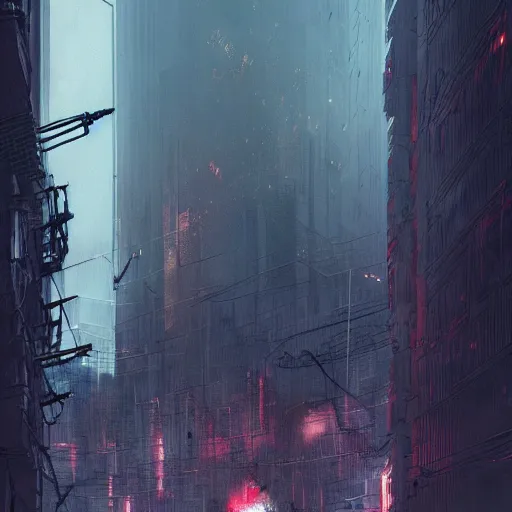 Prompt: Modern apocalyptic cyberpunk city by Greg Rutkowski, asymmetrical, Organic Painting , Matte Painting, dark vibes, nightmare, geometric shapes, hard edges, graffiti, street art, trending on the artstation:2 by Greg Rutkowski:4