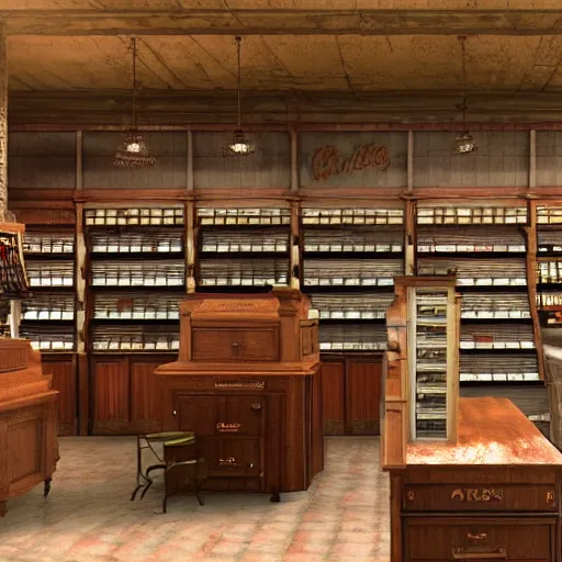 Prompt: the inside of a 1 9 2 8 grocery store with a national cash register from 1 9 0 4 on the desk. hyper - realistic, realistic color 3 d render