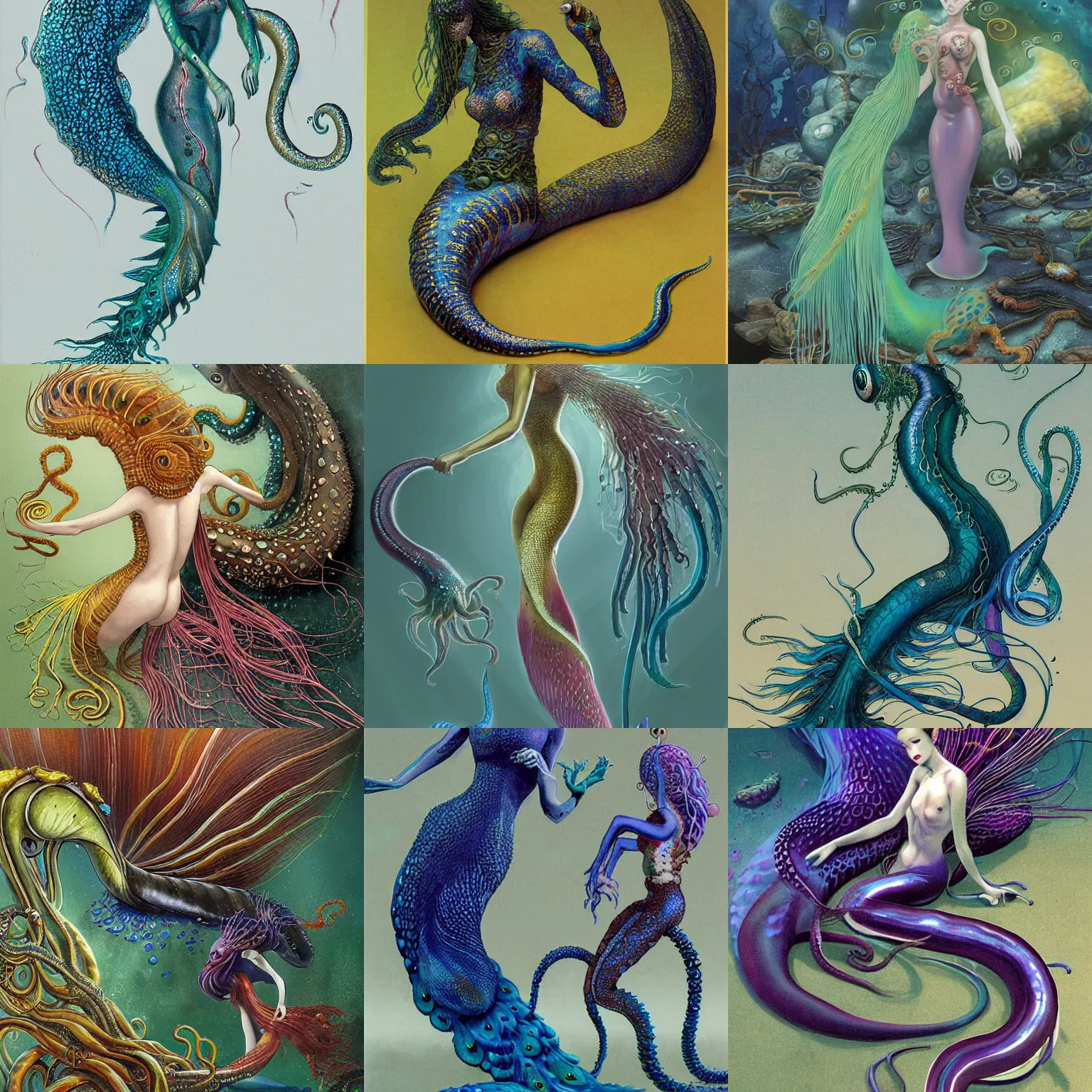 Prompt: concept designs for an ethereal peacock eel mermaid with a squid like parasite latched onto its head and long tentacle arms that flow lazily but gracefully at its sides, art by yuji ikehata and satoshi kon, background art by miyazaki, realism, proper human male proportions, fully clothed, for resident evil