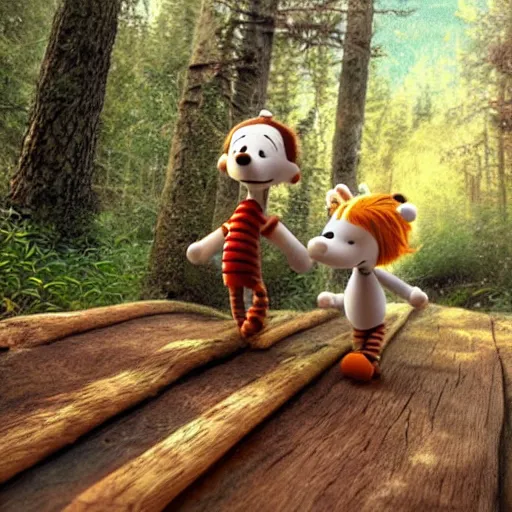 Image similar to hyperrealistic cgi render of calvin and hobbes walking across a log, extreme detail