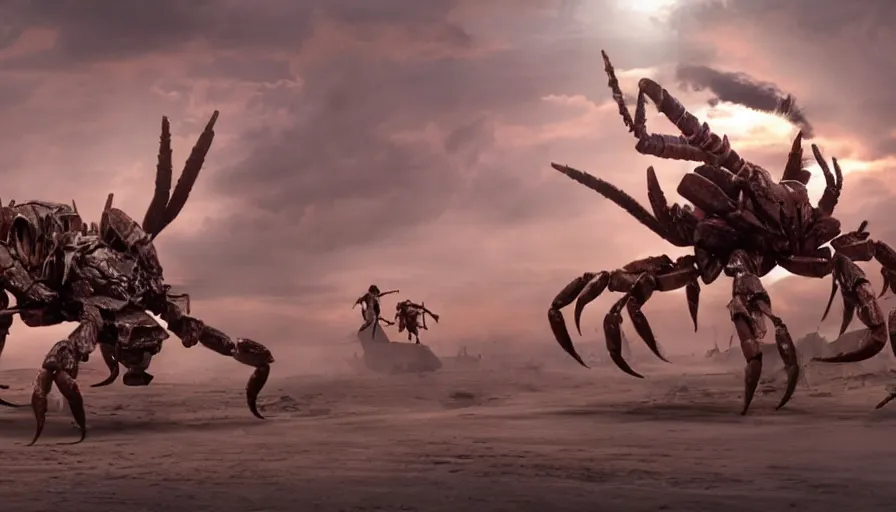 Image similar to big budget movie scene featuring a giant robot scorpion fighting a giant mutant crab