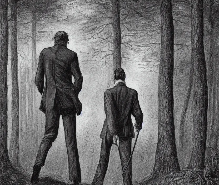 Prompt: A 19th century man in a classical suit with a cane making his way into a heavily forested forest on a dirt trail of mysticism and wonder, back view, very nostalgic, very melancholic, dramatic angle, rotoscoped, rotoscope, photoshop, photomanipulation, realism, painting, illustration and sketch, weird scribbles, hybrid styles, hybrid art styles, mismatched, trending on artstation, trending on deviantart, weird, quirky, interesting, very detailed, highly detailed, HD Quality, 4k resolution, 8k resolution, in the style of David Firth, in the style of James Lee, in the style of Drue Langlois,