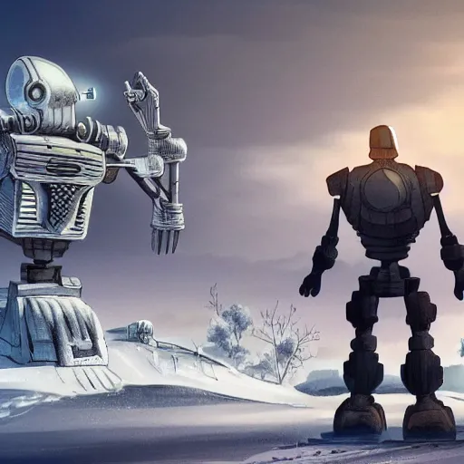 Image similar to the iron giant standing stoically looking towards a small town, snow, highly detailed, deep aesthetic, 4k, highly ornate intricate details, rich colors, digital artwork, symmetrical, ray tracing,