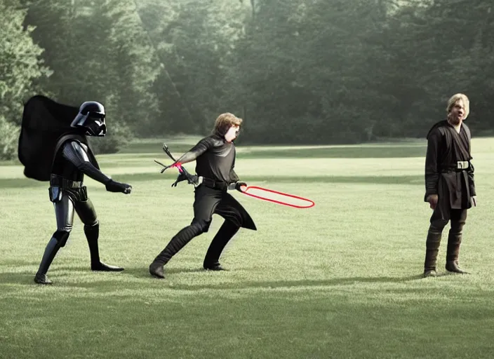 Image similar to film still of Darth Vader plays frisbee with Luke Skywalker in the new Star Wars movie, 4k