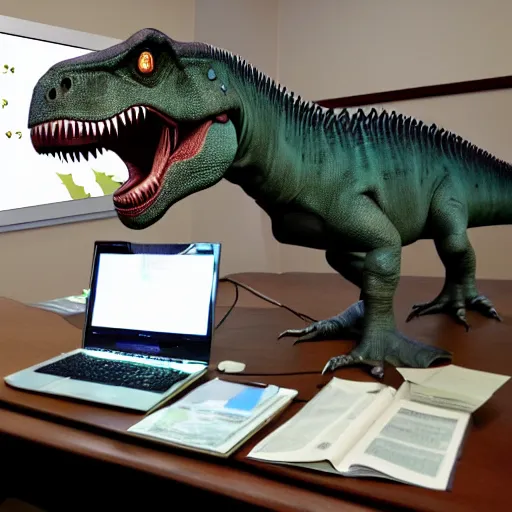 Prompt: dinosaur invented computer