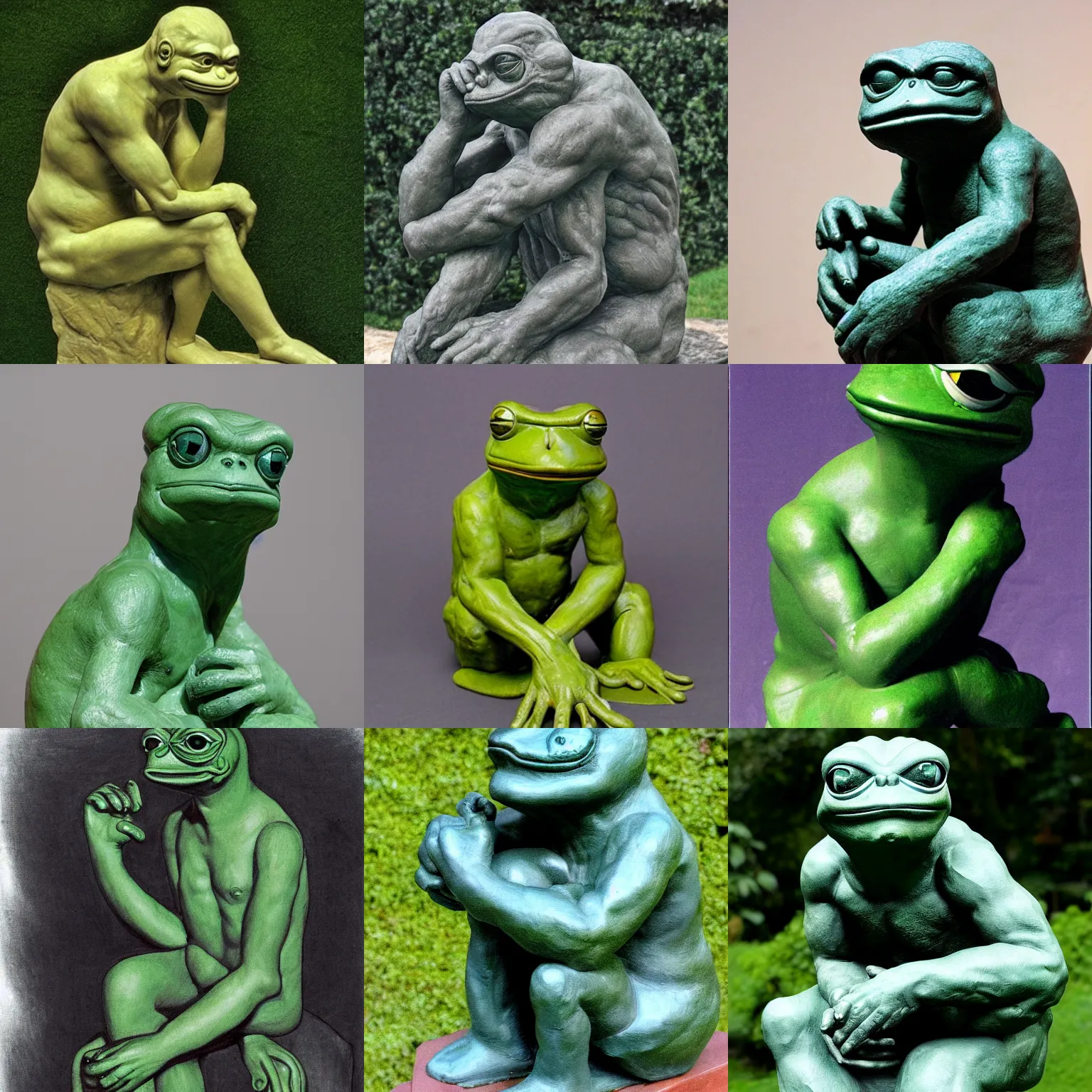 Prompt: the thinker pepe the frog by Auguste Rodin