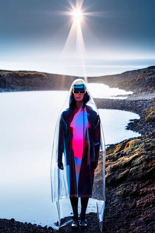 Image similar to an ultra high definition professional high fashion portrait studio full length photograph of a model wearing a transparent pearlescent raincoat and neon visor in an icelandic black rock environment at dawn. no artefacts. extremely detailed. stark. refraction. shallow depth of field. volumetric light and shadow. ray tracing. light rays.