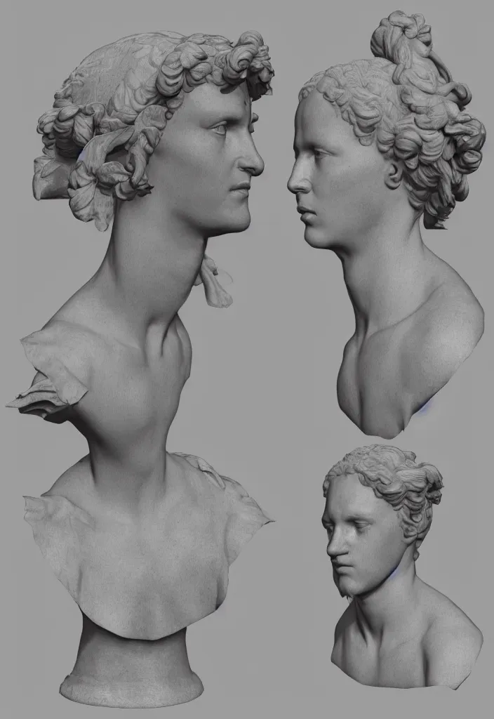 Prompt: renaissance statue bust, 3 d model, octane rendered, unreal engine