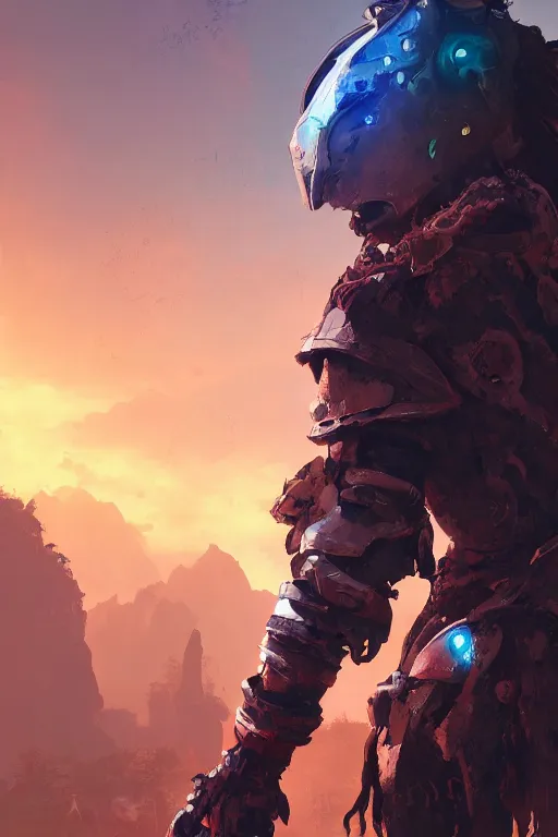 Image similar to combination suit armor aloy horizon forbidden west horizon zero dawn radiating a glowing aura global illumination ray tracing hdr fanart arstation by ian pesty and alena aenami artworks in 4 k tribal robot ninja mask helmet backpack