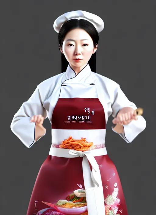 Image similar to character concept of a south korean female chef, wearing a beautiful hanbok inspired apron, holding magical kitchen knives, by kan liu and loish, 4 k render, unreal engine, high resolution, intricate detailed, hyperdetailed, photorealistic, artstation, smooth, sharp focus