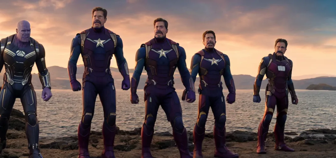 Image similar to a very high resolution image from a new movie. thanos waving at tony stark while capitan america watches on a lake, photorealistic, photography, directed by wes anderson