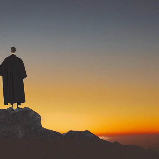 Prompt: man with a black cape, on a hill, sunrise