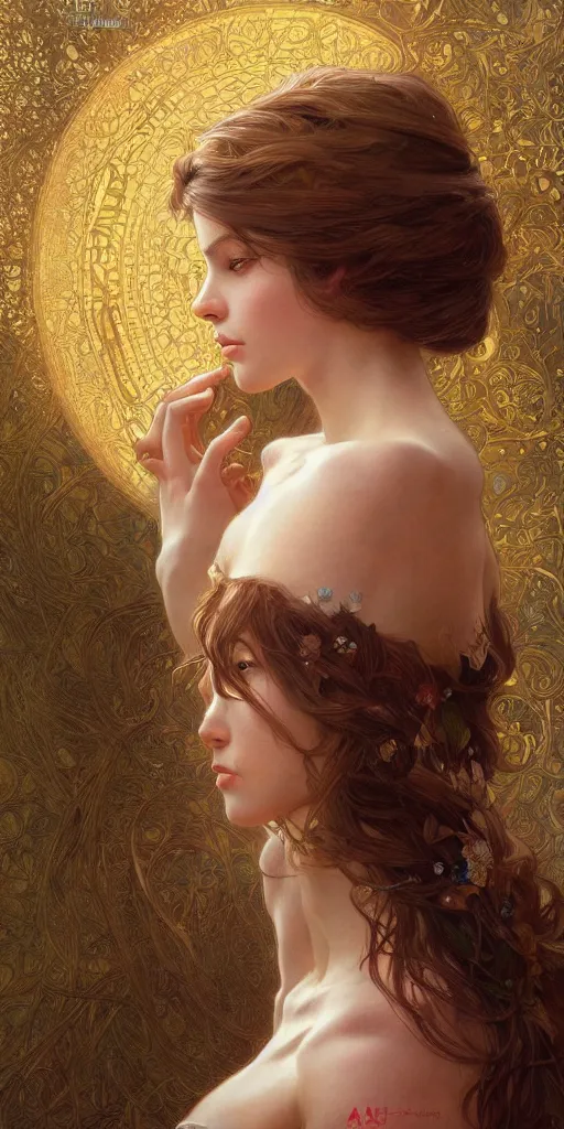 Image similar to ultra realistic illustration studio of a beautiful girl in an artistic pose, intricate, elegant, highly detailed, digital painting, artstation, concept art, smooth, sharp focus, illustration, art by artgerm and greg rutkowski and alphonse mucha by klimt