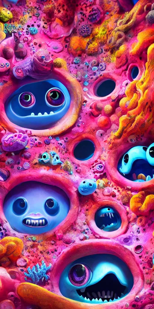 Image similar to of a colorful deep sea cave with strange cute friendly happy creatures with huge eyes, mouth, long tongue and round teeth appearing from sandy coral, in the style of gehry and gaudi, macro lens, shallow depth of field, ultra detailed, digital painting, trending artstation, concept art, illustration, cinematic lighting, photorealism, epic, octane render