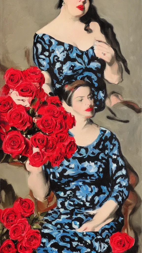 Prompt: portrait of rebekah delrio in david lynch pattern dress beside of a big persian detailed pot of red roses, blue and red lights painted by john singer sargent