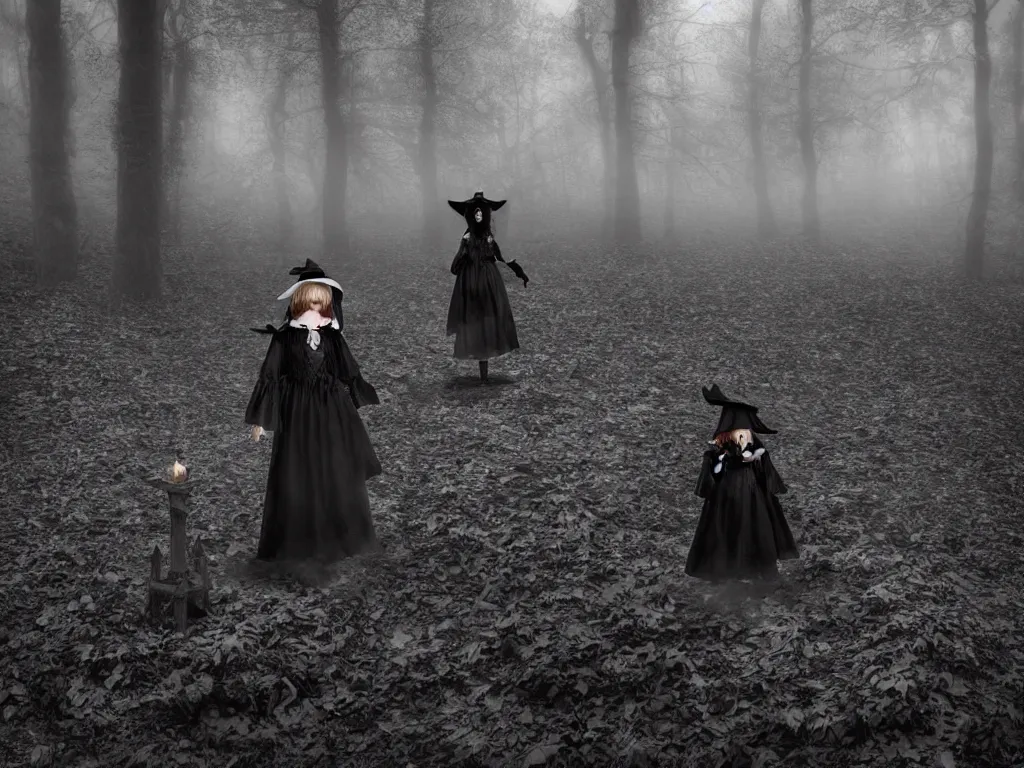 Image similar to cute gothic fumo plush witch girl ventures deep into the forbidden forest, black and white, ancient pagan monument summoning circle, volumetric fog and smoke, the bog of dark abyss, vray