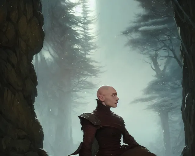 Image similar to highly detailed portrait of lea seydoux as a bald elf, in skyrim, stephen bliss, unreal engine, fantasy art by greg rutkowski, loish, rhads, ferdinand knab, makoto shinkai and lois van baarle, ilya kuvshinov, rossdraws, tom bagshaw, global illumination, radiant light, detailed and intricate environment