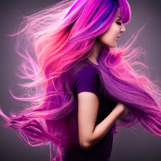 Image similar to a award winning half body portrait of a beautiful woman in a coprtop with a ombre purple pink hairstyle with head in motion and hair flying, outrun, vaporware, vivid colors, highly detailed, fine detail, intricate