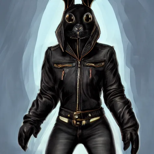 Prompt: An anthro bunny with a small head wearing a fine intricate leather jacket and leather jeans and leather gloves, trending on FurAffinity, energetic, dynamic, digital art, highly detailed, FurAffinity, high quality, digital fantasy art, FurAffinity, favorite, character art