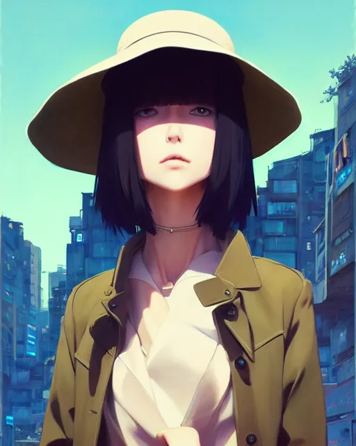 Image similar to girl wearing wide brimmed hat and trechcoat | | fine detail!! anime!! realistic shaded lighting!! poster by ilya kuvshinov katsuhiro otomo ghost - in - the - shell, magali villeneuve, artgerm, jeremy lipkin and michael garmash and rob rey