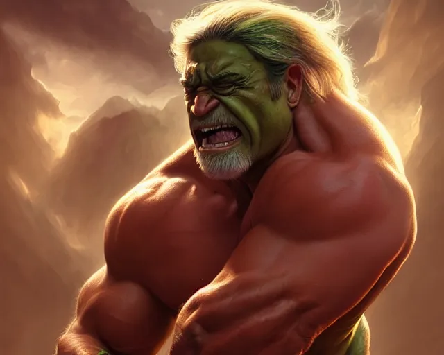 Prompt: photography of hulk hogan as the hulk, deep focus, d & d, fantasy, intricate, elegant, highly detailed, digital painting, artstation, concept art, matte, sharp focus, illustration, hearthstone, art by artgerm and greg rutkowski and alphonse mucha