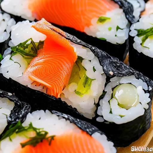 Image similar to toasted seaweed wrapped around sushi rice, filled with smoked salmon and free range eggs, 8 k resolution, food photography, studio lighting, sharp focus, hyper - detailed